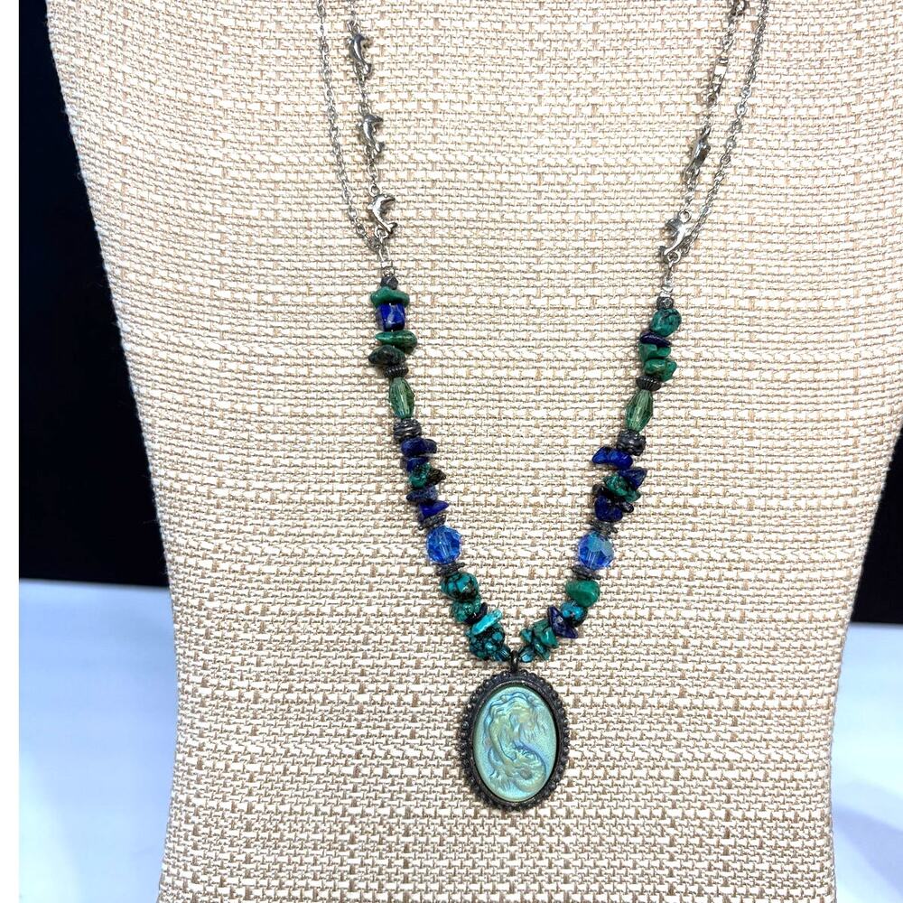 Kirks Folly Mermaid Iridescent Pendant Necklace  w/ Turquoise Dolphin Accent